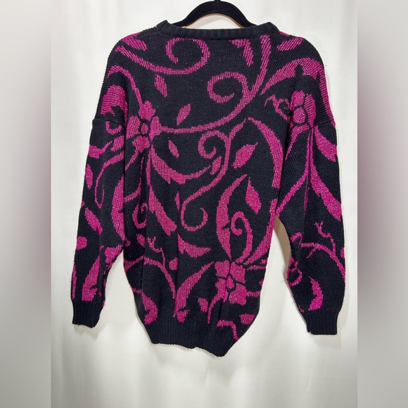 Vintage 80s Ann Hill Floral-Esc Pink and Black Shimmery Sweater - Picture 4 of 6